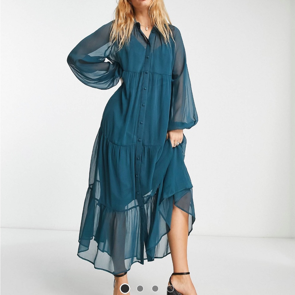 ASOS DESIGN Tiered Button Up Maxi Shirt Dress in Teal